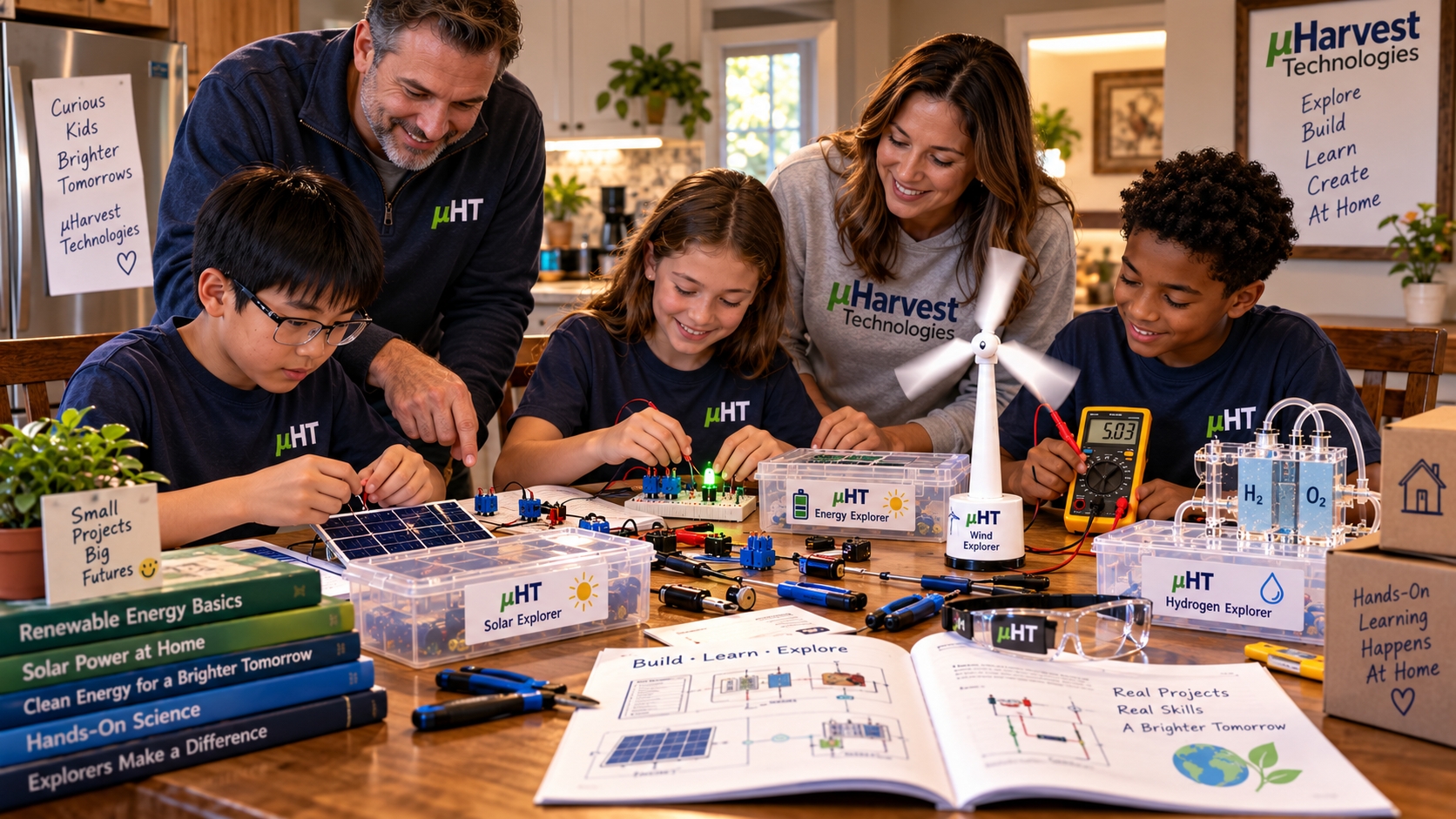Explorers building renewable energy systems at home with family